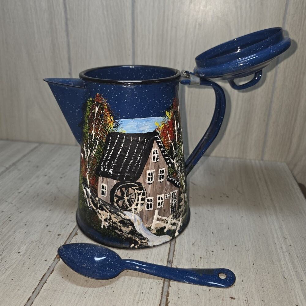 Vtg Blue Enamel Cofee Tea Pot Hand Painted W/Spoon Barn Scene Signed Camp Fire
